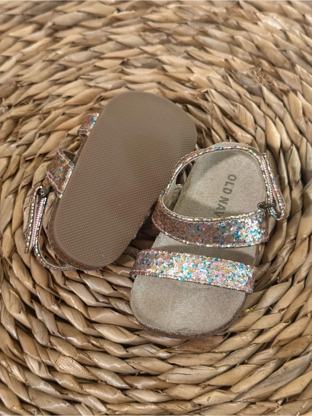 Old Navy Girls' Rose Gold Glitter Strap Sandals with Multicolor Sparkle